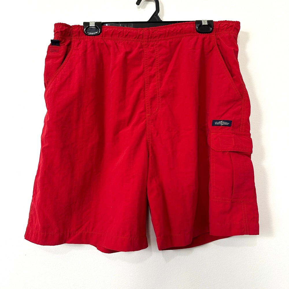 VTG 90s White Sierra Cargo Swim Trunks Red Hybrid Shorts Zip Pocket Hiking L USA